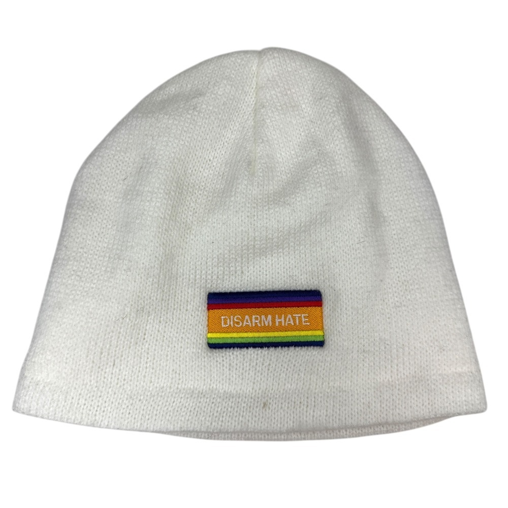 Port & Company Knit Beanie Skull Cap Lined Rainbow Disarm Hate Patch Cream OSFA